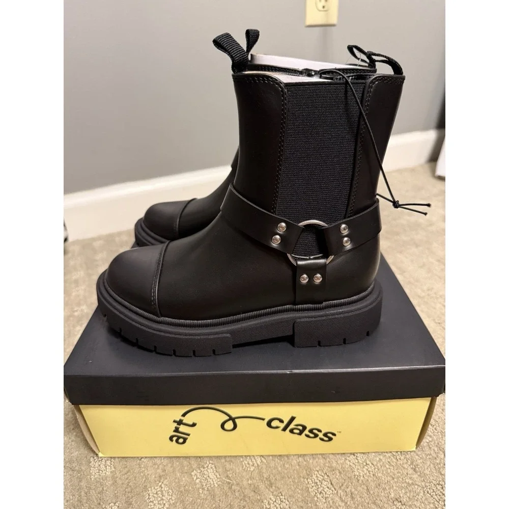 Art Class Girls Black‎ Crosby Moto Faux Leather Boots Size 13